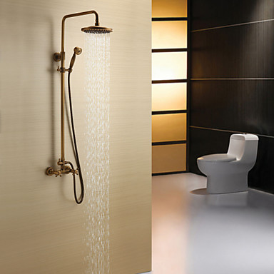 Antique Brass Shower Faucet with 8 inch Shower Head + Hand Shower